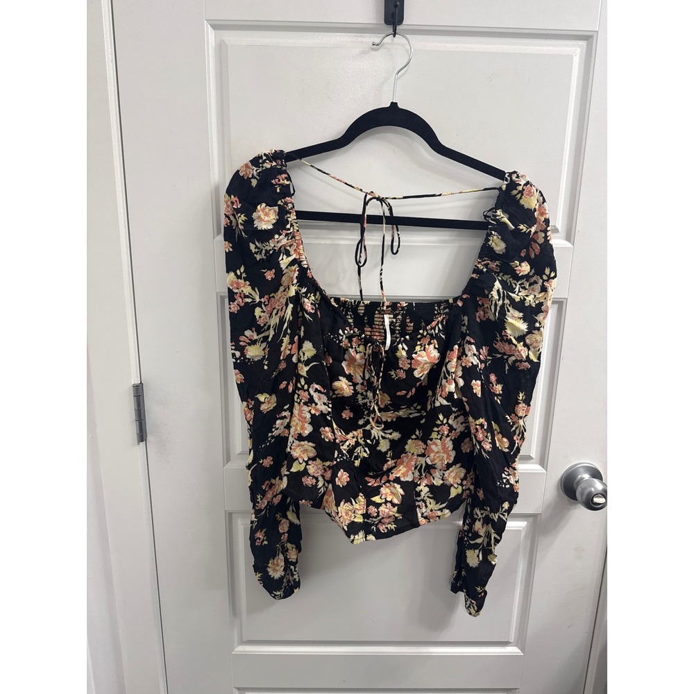 Free People Black Floral Crop Top with Peach and Cream Blooms